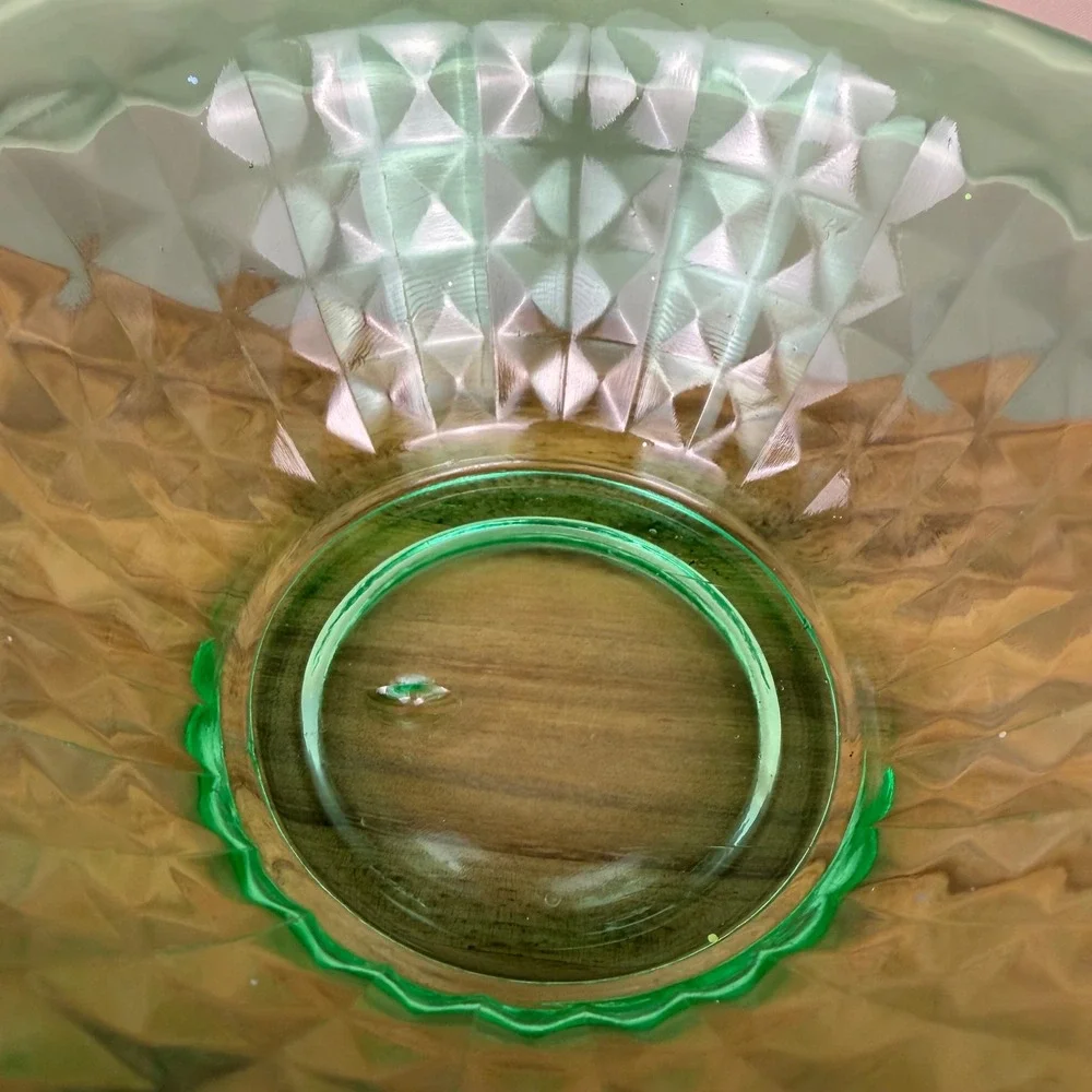 Imperial Glass Flat Diamond Green Uranium Glass Console Bowl Rolled Rim Vintage